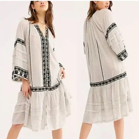 Free People Vagabond Striped Maxi Tunic Top Dress Embroidered Oversized Size S - Picture 2 of 7